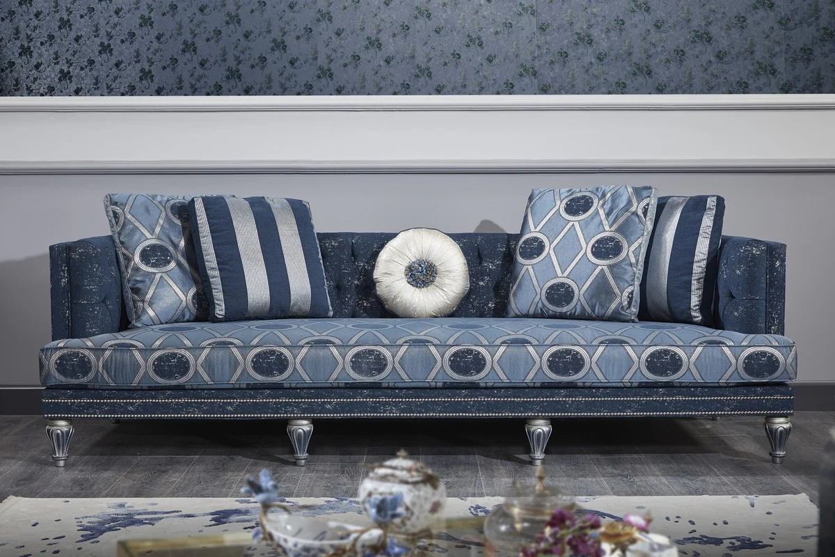 Luxury Baroque Chesterfield sofa dark blue / light blue / silver 250 x 92 x H. 85 cm - Baroque living room furniture