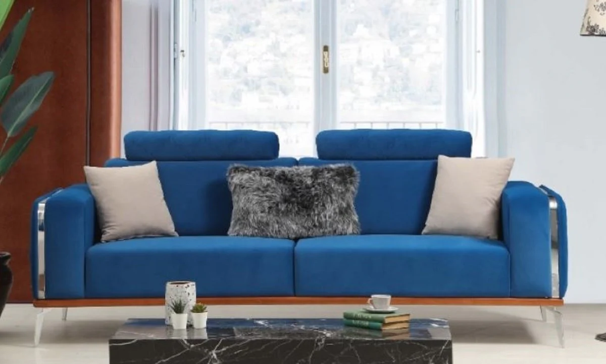Luxury living room sofa with adjustable backrest blue / brown / silver 225 x 95 x H. 89 cm - Luxury living room furniture