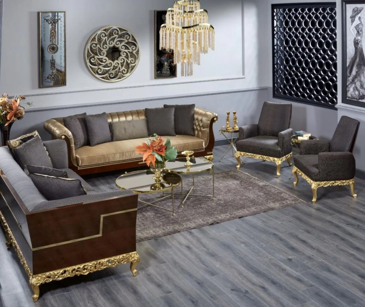 Luxury Baroque Sofa Gray / Dark Brown / Gold - Magnificent Living Room Sofa - Baroque Style Living Room Furniture - Luxury Furniture in Baroque Style - Baroque Furnishings - Noble & Magnificent