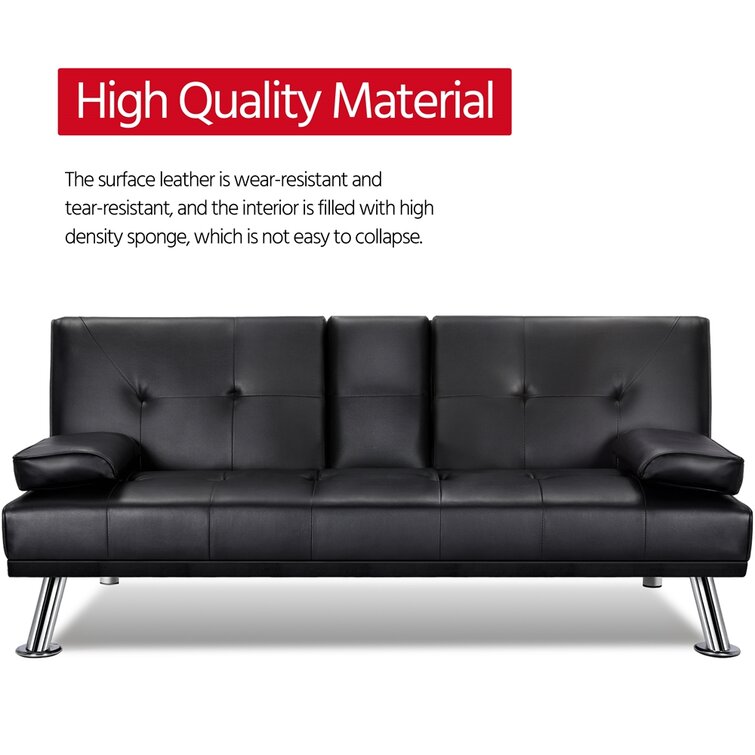 Janni 66''' Wide Faux Leather Cushion Back Convertible Sofa with Cup Holder