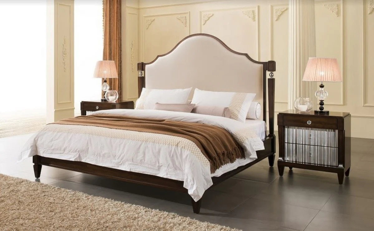 Neoclassical double bed light beige / dark brown / silver 193 x 218 x H. 168 cm - solid wood bed with headboard and elegant velor fabric - bedroom furniture in neoclassical style