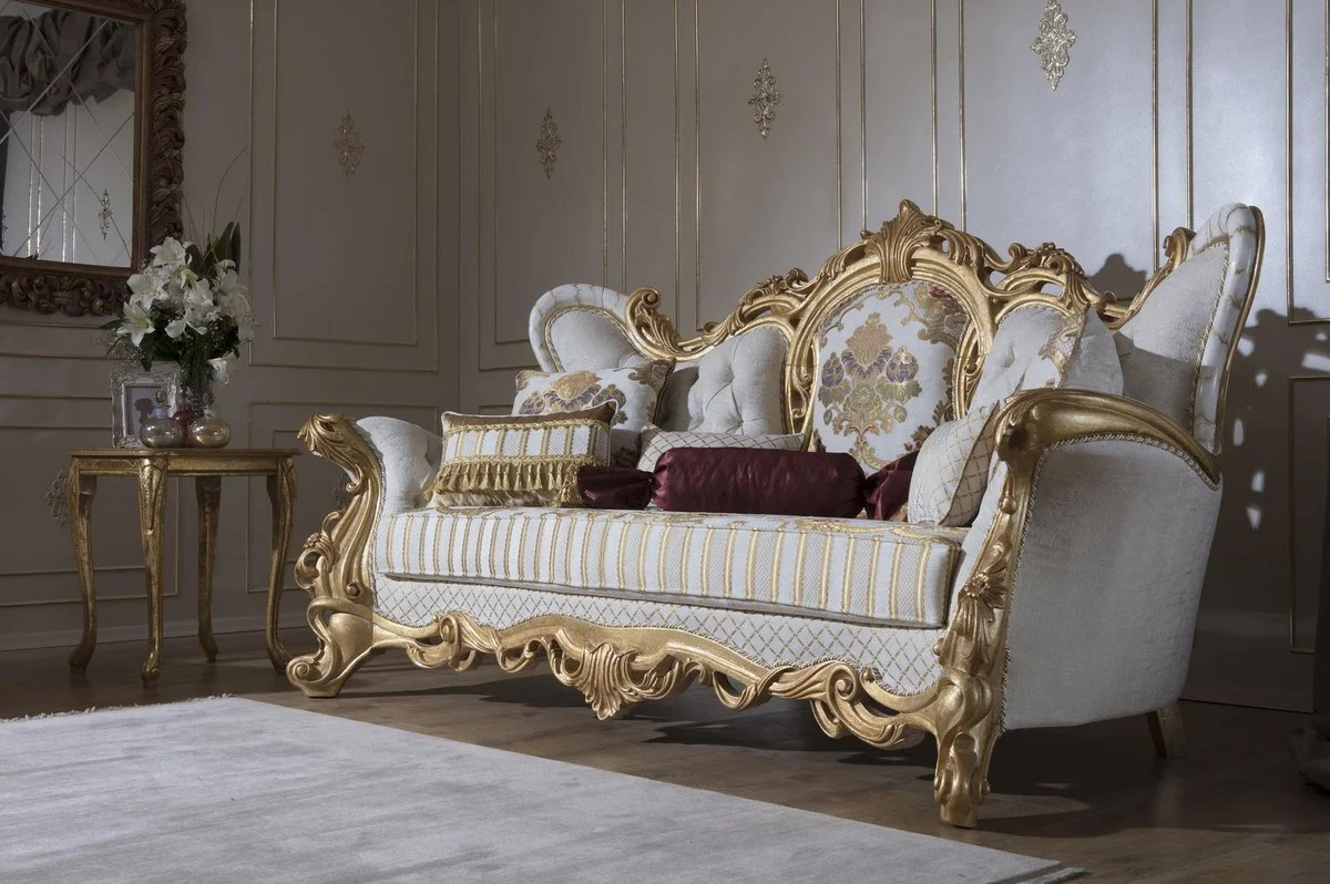 Luxury baroque sofa white / gold 248 x 108 x H. 122 cm - Living room sofa with elegant pattern and decorative pillows - Magnificent baroque furniture