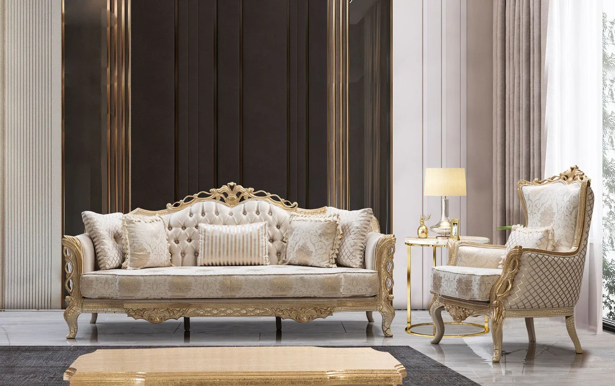 Luxury baroque coffee table antique gold / white 120 cm - baroque style living room furniture