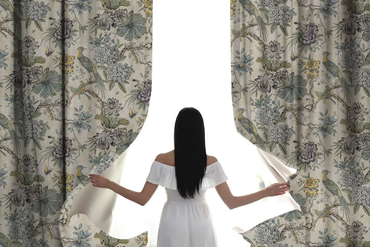 Luxus Vorhang Set Blumen & Vögel Hellbeige / Mehrfarbig 250 x H. 290 cm - Bedruckte Leinen & Samt Vorhänge - Ösenvorhänge - Schiebevorhänge - Wohnzimmer Schlafzimmer Vorhänge