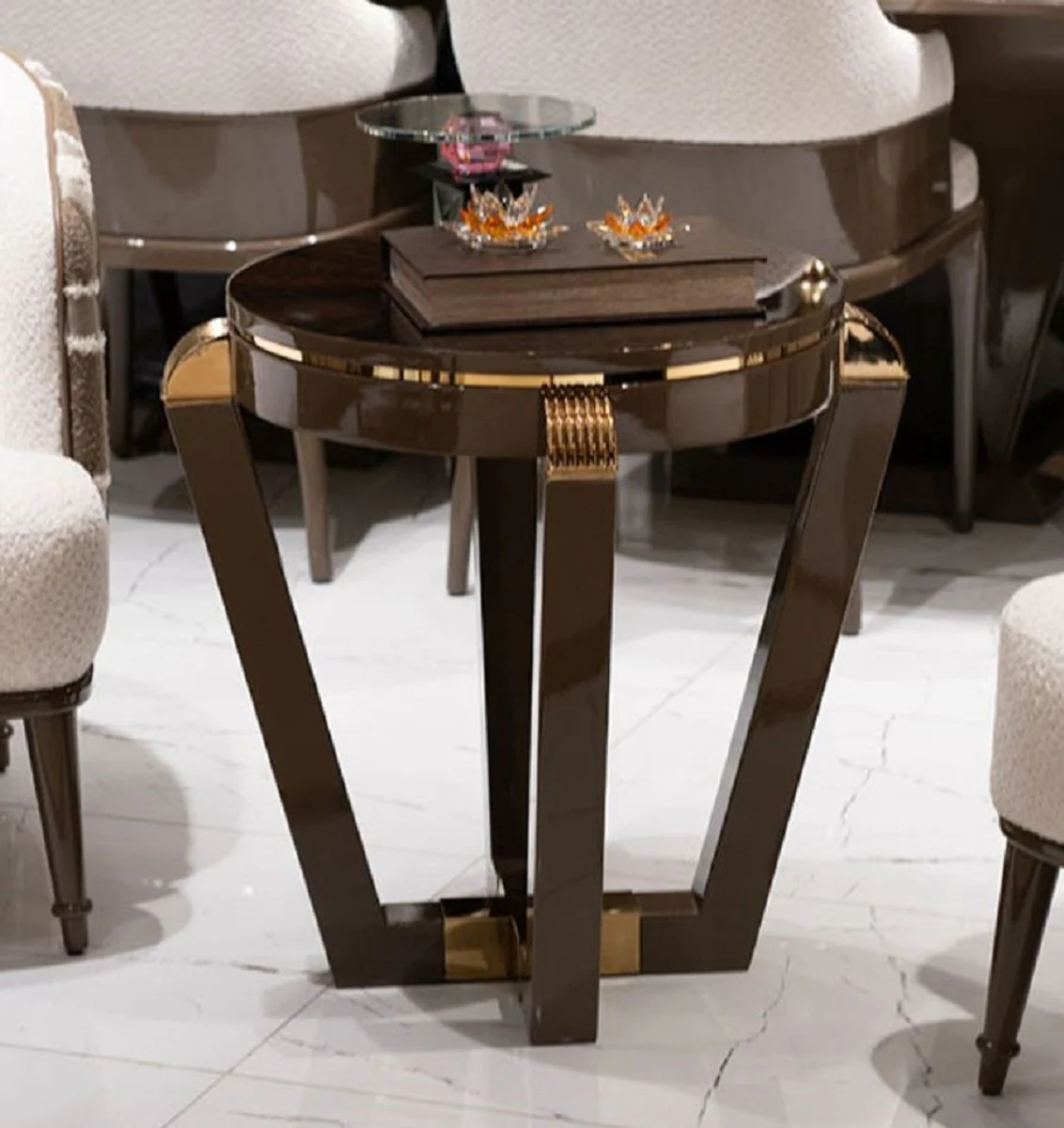 Luxury side table brown / gold - round solid wood side table - living room furniture - hotel furniture - luxury furniture