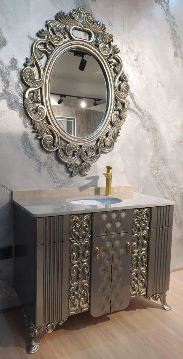 Baroque bathroom set silver / gold / cream - 1 washbasin with marble top and ceramic washbasin & 1 wall mirror - Magnificent baroque bathroom furniture