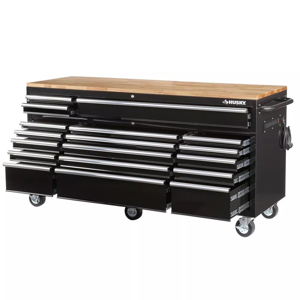 72 IN W 18-DRAWER, DEEP TOOL CHEST MOBILE WORKBENCH in GLOSS BLACK mit HARDWOOD TOP