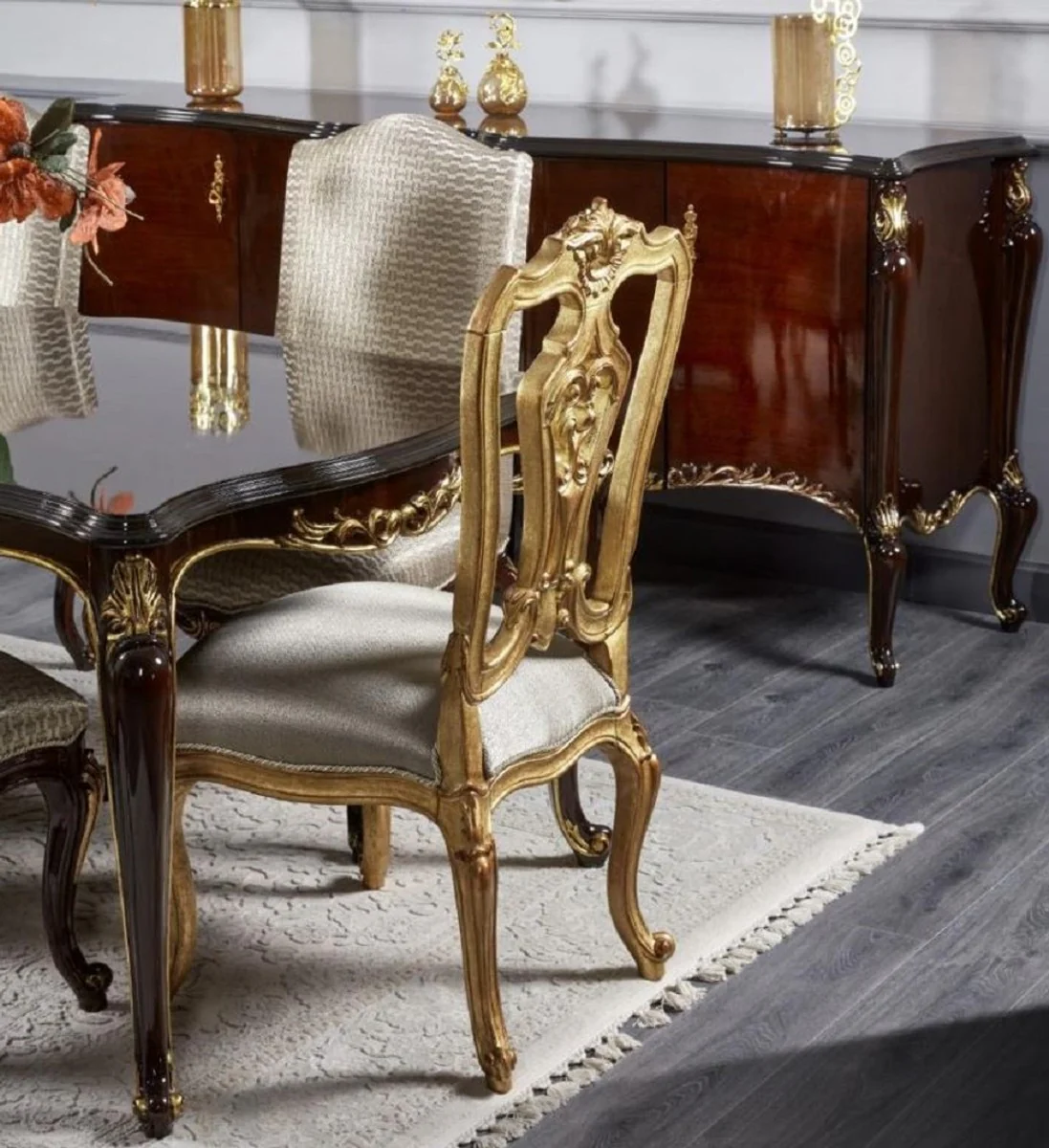 Luxury Baroque Dining Room Set Dark Brown / Silver / Gold - Baroque Dining Room Furniture