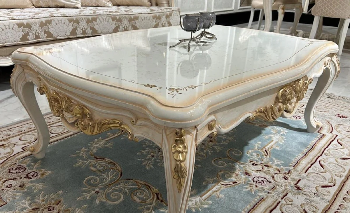 Luxury baroque coffee table white / beige / gold - solid wood living room table in baroque style - baroque style living room furniture - baroque furniture - baroque furnishings - luxury furniture in baroque style