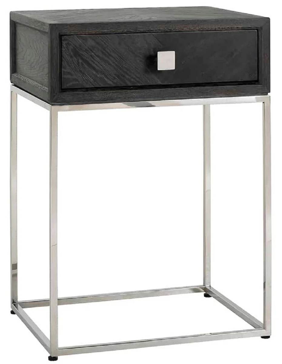 Luxury side table black / silver 50 x 40 x H. 71 cm - solid wood bedside table with drawer and stainless steel frame - luxury bedroom furniture