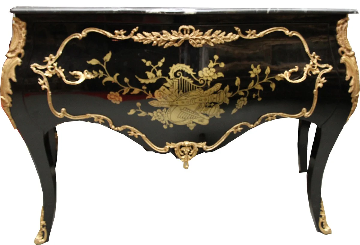 Baroque chest of drawers black / gold 130 cm with metal applications and marble top
