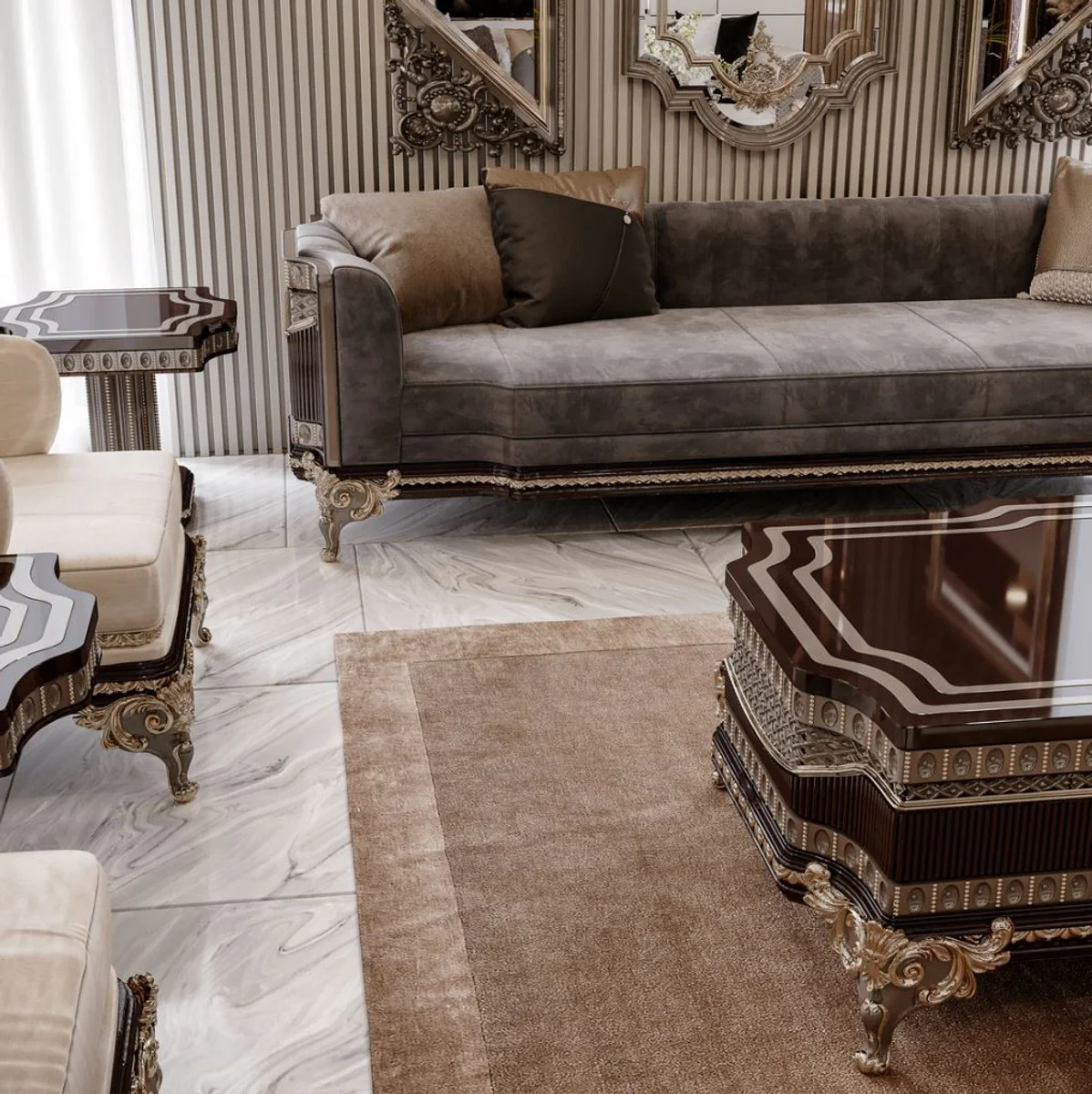 Luxury baroque sofa gray / dark brown / gold 265 cm