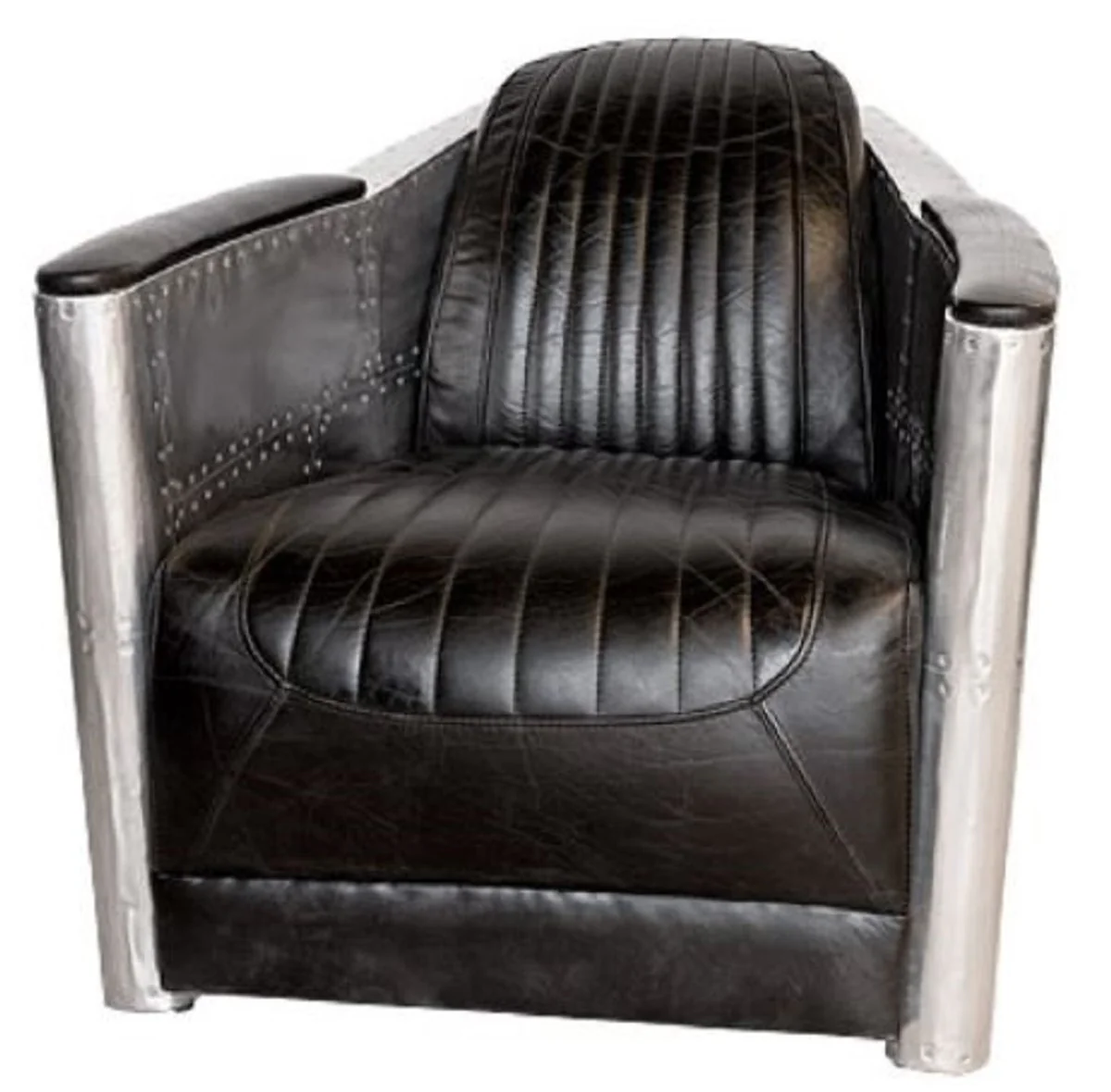 Art Deco aluminum genuine leather armchair black / silver 74.5 x 94 x H. 78 cm - club armchair - lounge armchair - airplane aviator furniture