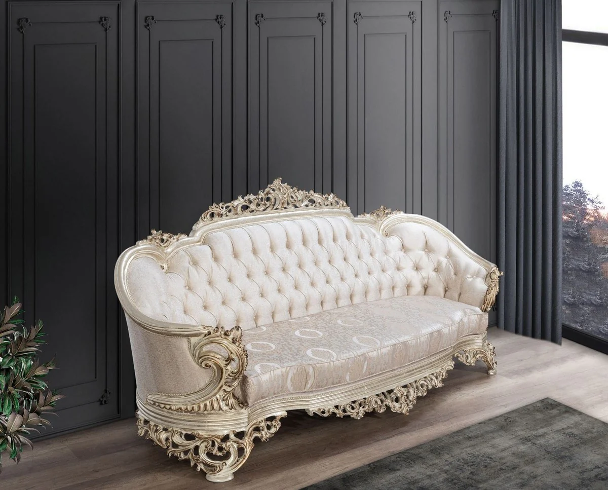 Luxus Barock Wohnzimmer Set Cremefarben / Beige / Antik Gold - 2 Sofas & 2 Sessel & 1 Couchtisch - Handgefertigte Wohnzimmer Möbel im Barockstil - Edel & Prunkvoll