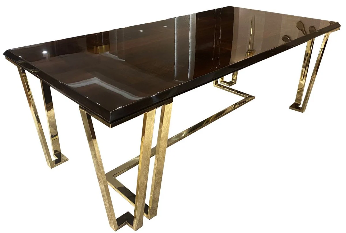 Luxury Art Deco dining table dark brown / gold 220 x 110 x H. 77 cm - Elegant dining room table with glass top - Art Deco dining room furniture
