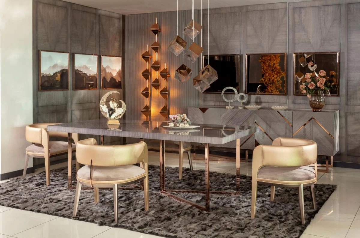 Luxury dining table gray / copper 210 x 100 x H. 75 cm - Rectangular kitchen table with solid wood table top and metal legs - Dining room furniture - Kitchen furniture - Luxury furniture