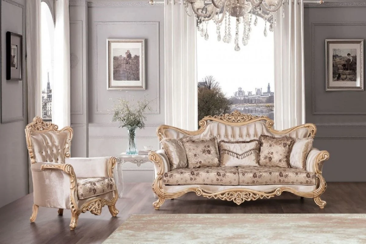 Luxury Baroque Sofa Beige / Brown / Natural Colors - Magnificent Living Room Sofa with Elegant Pattern - Baroque Furniture - Noble & Magnificent