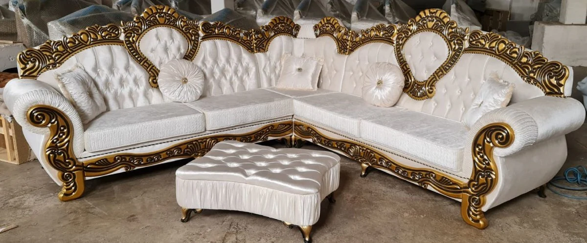 Luxus Barock Ecksofa Creme / Gold