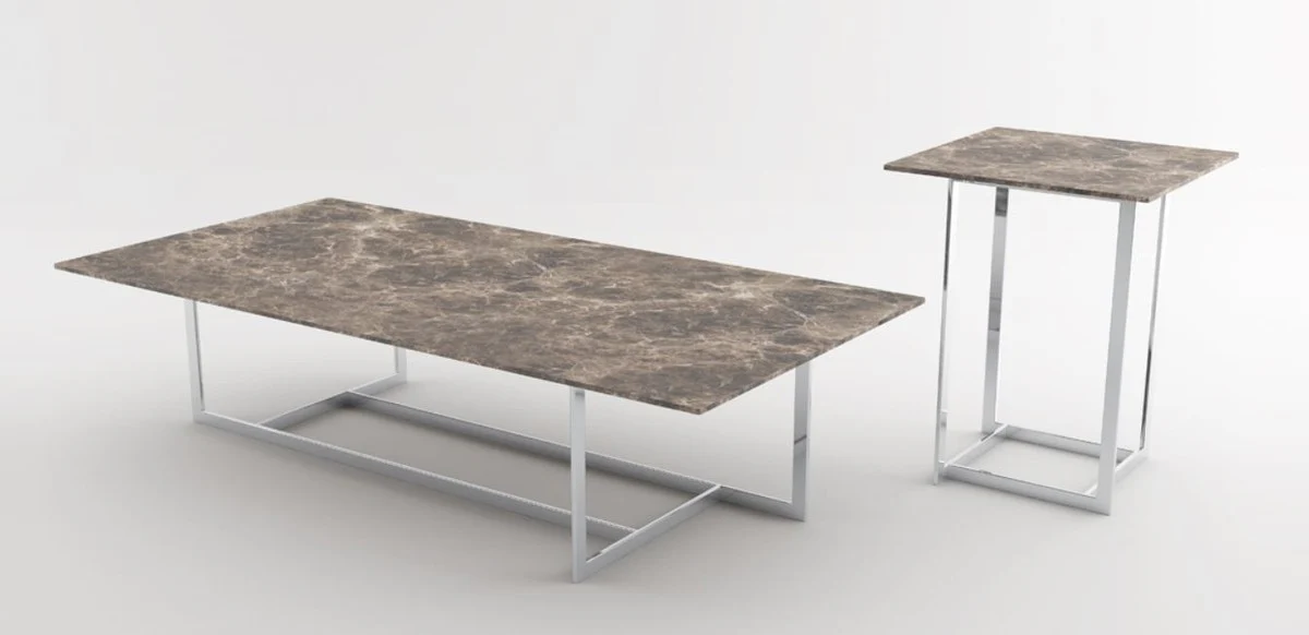 Luxury living room set silver / brown - 1 coffee table with marble top & 1 side table with marble top - living room furniture - luxury quality