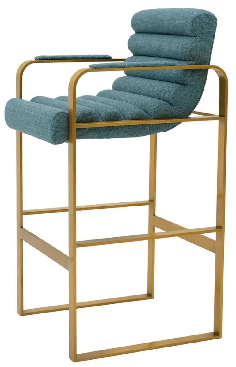 Luxury bar chair with armrests blue / brass 53.5 x 57.5 x H. 107 cm - Padded stainless steel bar stool - Bar furniture - Luxury furniture - Luxury quality