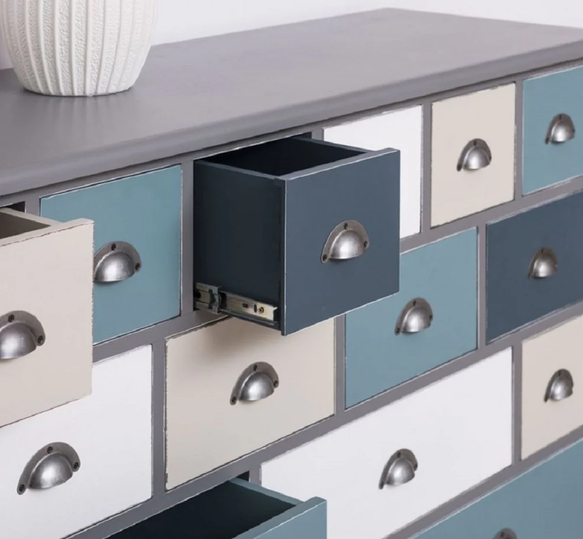 Country house style chest of drawers gray / multicolored 180 x 48 x H. 95 cm - Solid wood cabinet with 19 drawers - Country house style furniture - Country house style furniture - Country house style furnishings