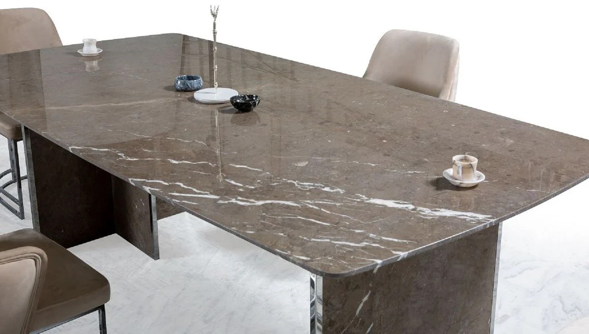 Luxury marble dining table brown / silver 220 x 110 x H. 75 cm - Rectangular marble kitchen table - Dining room furniture - Marble furniture - Luxury furniture - Dining room furnishings - Luxury furnishings