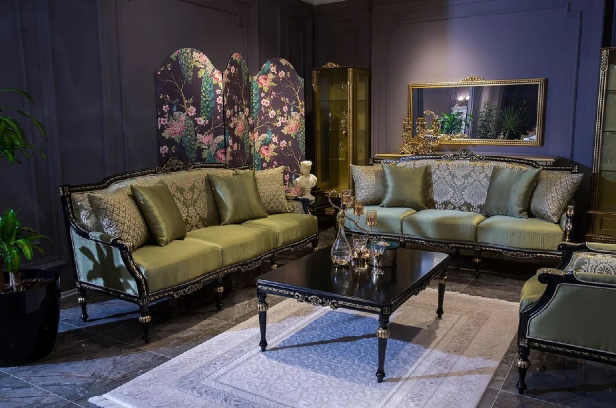 Luxus Barock Wohnzimmer Set Grün / Schwarz / Gold - 2 Barock Sofas & 2 Barock Sessel & 1 Barock Couchtisch - Wohnzimmer Möbel im Barockstil - Barock Möbel - Barock Einrichtung