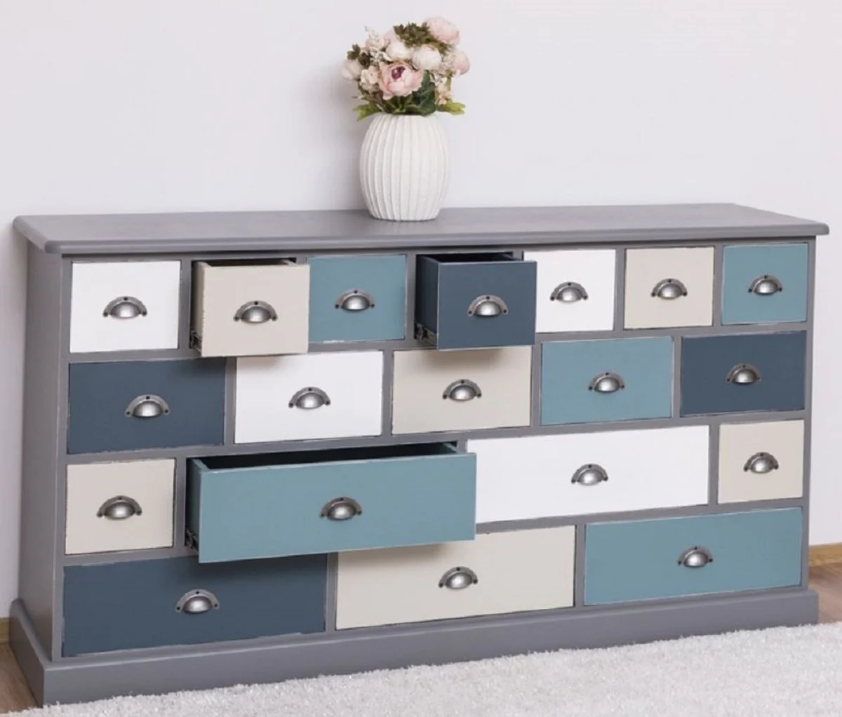 Country house style chest of drawers gray / multicolored 180 x 48 x H. 95 cm - Solid wood cabinet with 19 drawers - Country house style furniture - Country house style furniture - Country house style furnishings