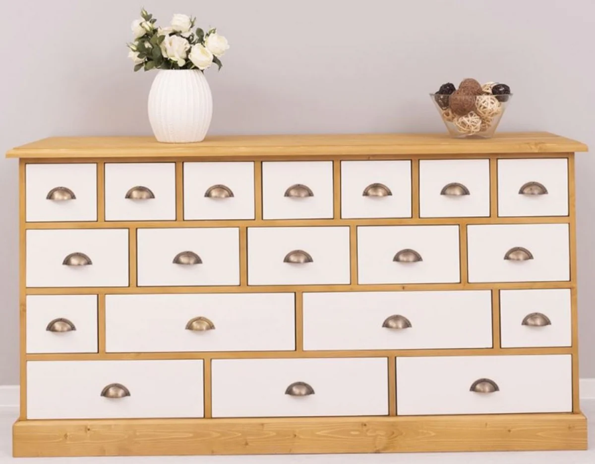 Country house style chest of drawers natural colors / white 180 x 48 x H. 95 cm - solid wood cabinet with 19 drawers - country house style furniture - furniture in country house style - country house style furnishings