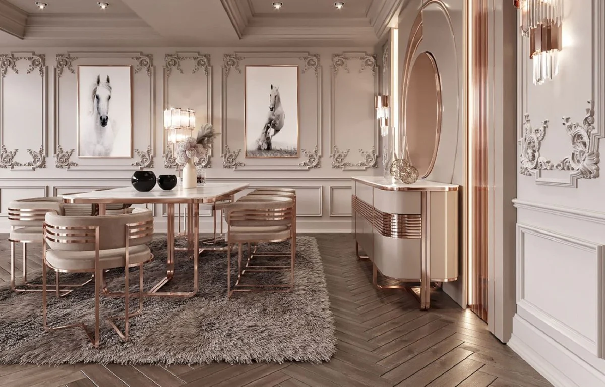 Luxury dining room chair set with armrests gray / copper 58 x 51 x H. 76 cm - kitchen chairs set of 8 - dining room furniture - restaurant furniture - luxury furniture - luxury furnishings