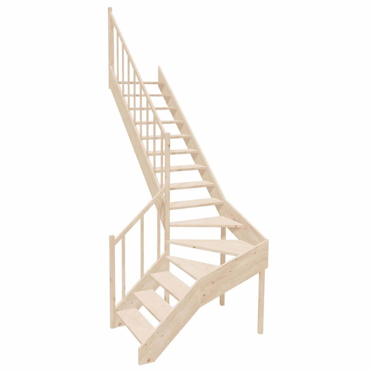 Luxury corner wooden staircase with railing left side natural color H. 304 cm