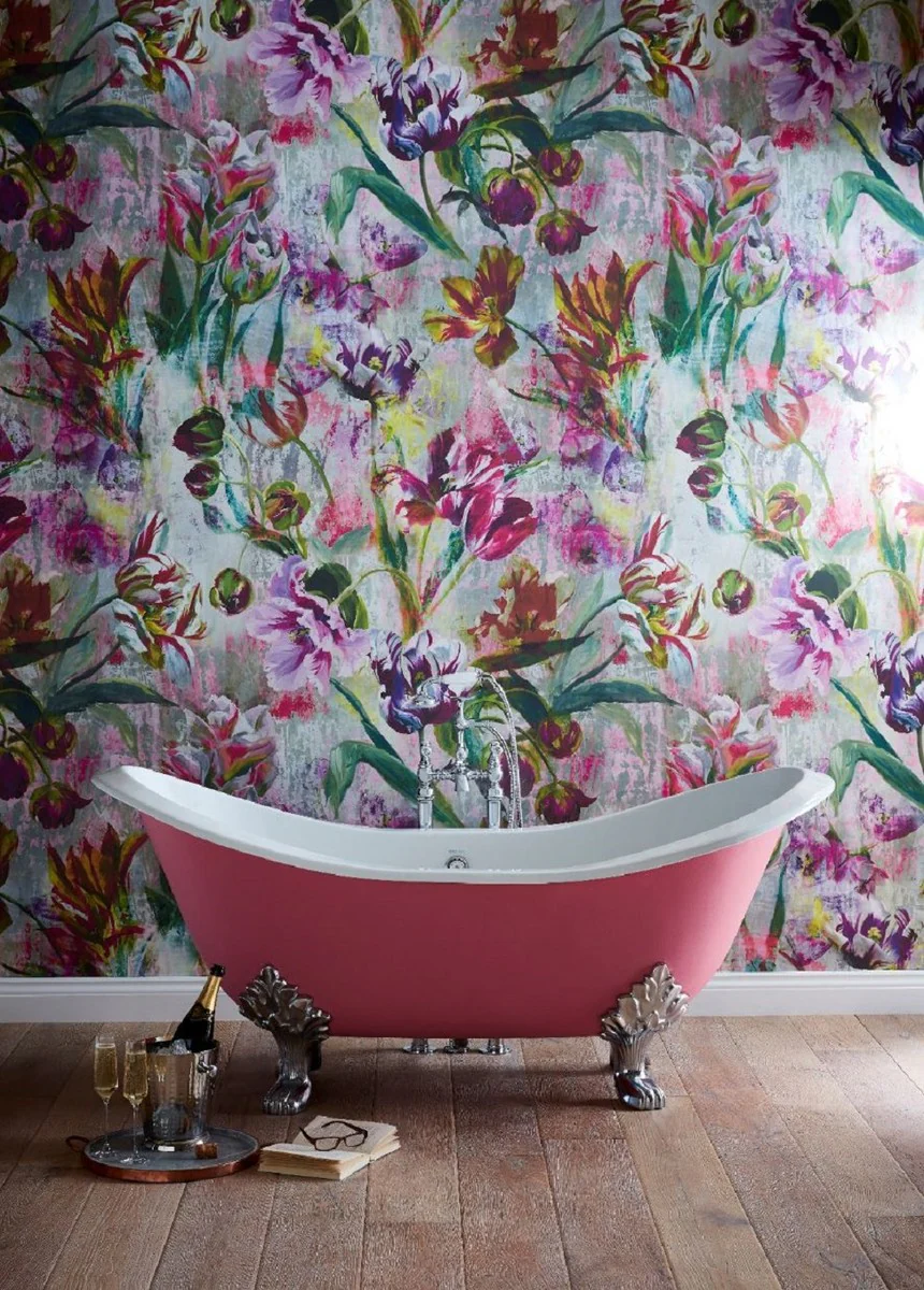 Luxury Art Nouveau bathtub pink / white / silver 180 x 77 x H. 79 cm - Curved freestanding cast iron bathtub - Baroque & Art Nouveau bathroom furniture