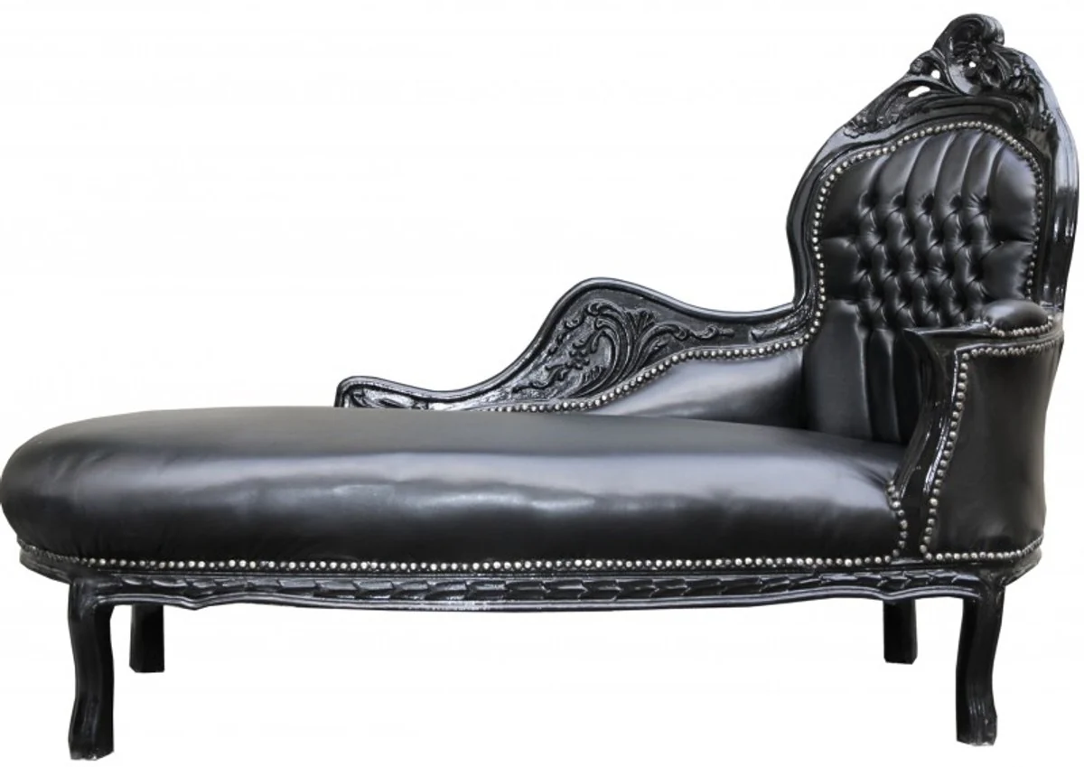 Baroque Chaise Longue Black / Black Leather Look - Baroque Furniture Lounger Recamiere
