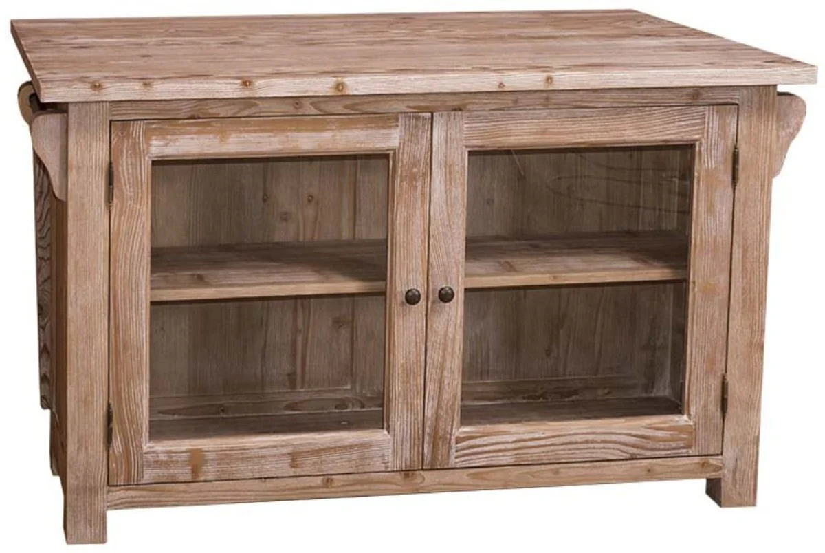 Country house style kitchen island natural colors 135 x 85 x H. 80 cm - country house style kitchen cabinet with 2 glass doors