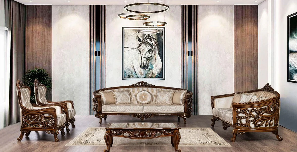 Luxus Barock Wohnzimmer Set Beige / Braun / Gold - 2 Barock Sofas mit Muster & 2 Barock Sessel mit Muster & 1 Barock Couchtisch - Barock Wohnzimmer Möbel - Edel & Prunkvoll