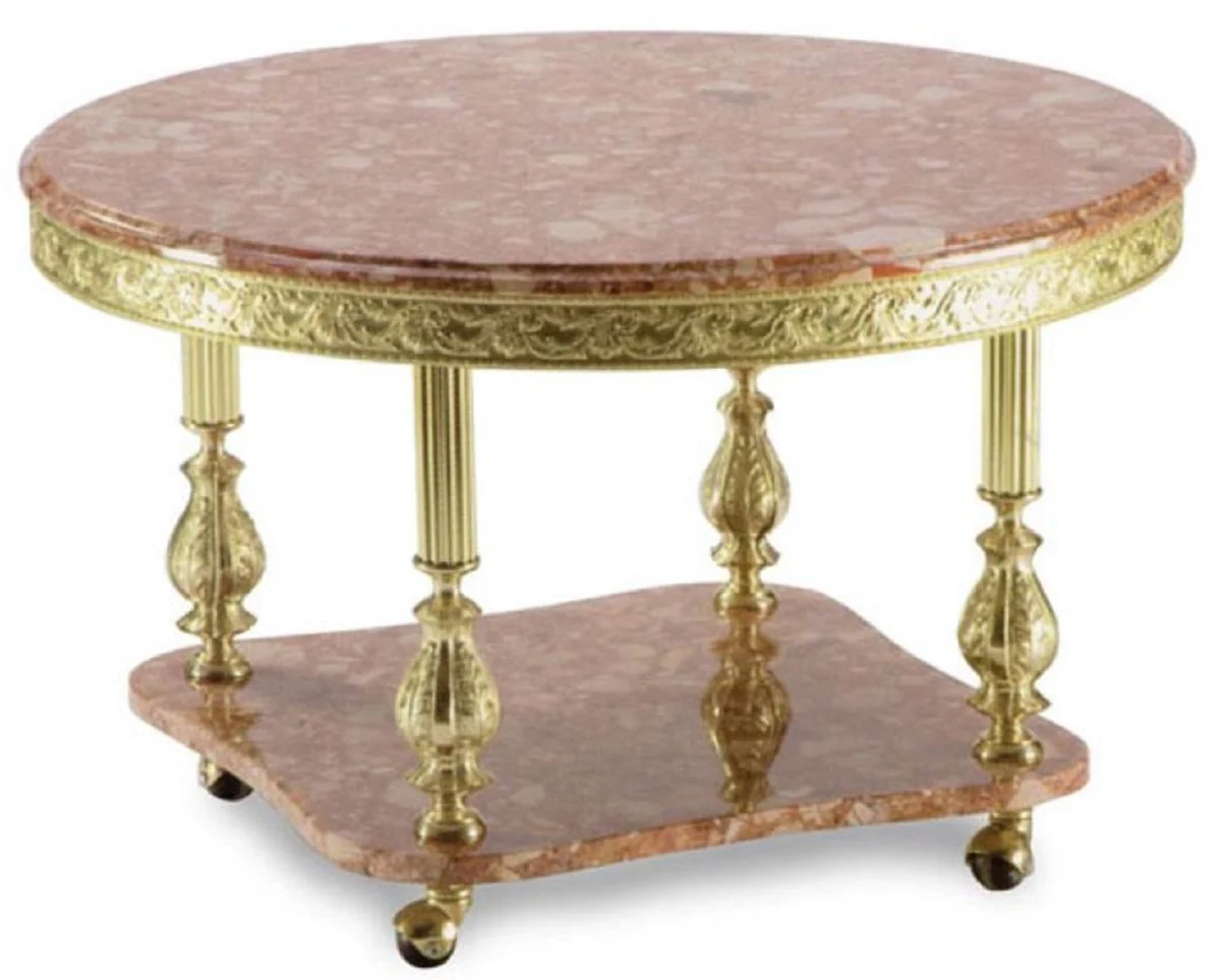 Luxury baroque coffee table pink / gold Ø 80 x H. 43 cm - Round brass living room table with marble top and wheels - Baroque living room furniture