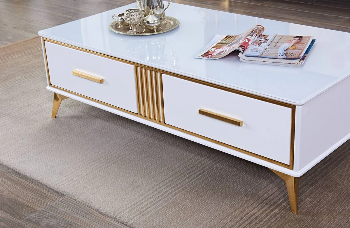 Luxury coffee table white / gold 130 x 70 x H. 41 cm - Modern living room table with 2 drawers - Modern living room furniture