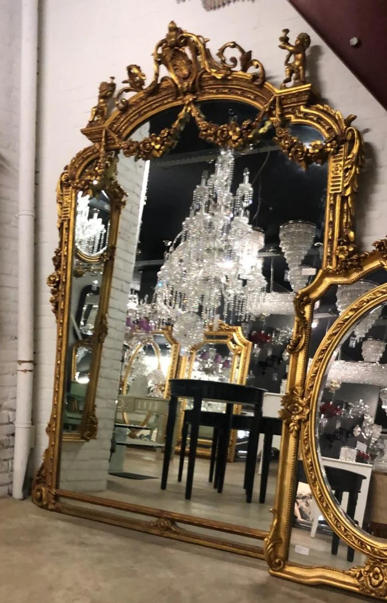 Huge baroque mirror gold 220 x 160 cm with angel motifs - antique style - heavy ornate design