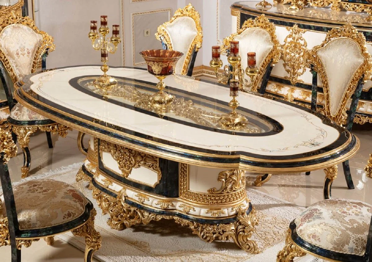 Luxury baroque dining table white / blue / gold - magnificent solid wood dining room table in baroque style - baroque dining room furniture - noble & magnificent