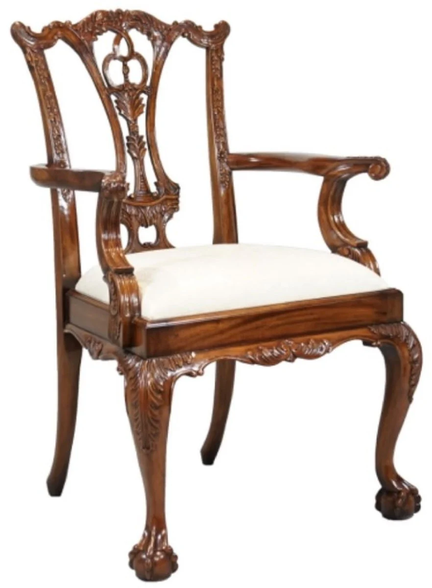 Luxury Baroque Dining Room Chair with Armrests White / Brown - Padded Solid Wood Chair in Baroque Style - Baroque Dining Room Furniture
