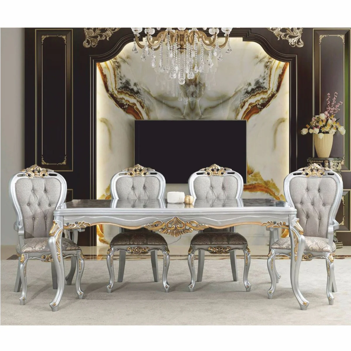 Luxury Baroque Dining Room Chair Set of 6 Gray / Silver / Gold - Baroque Dining Room Furniture