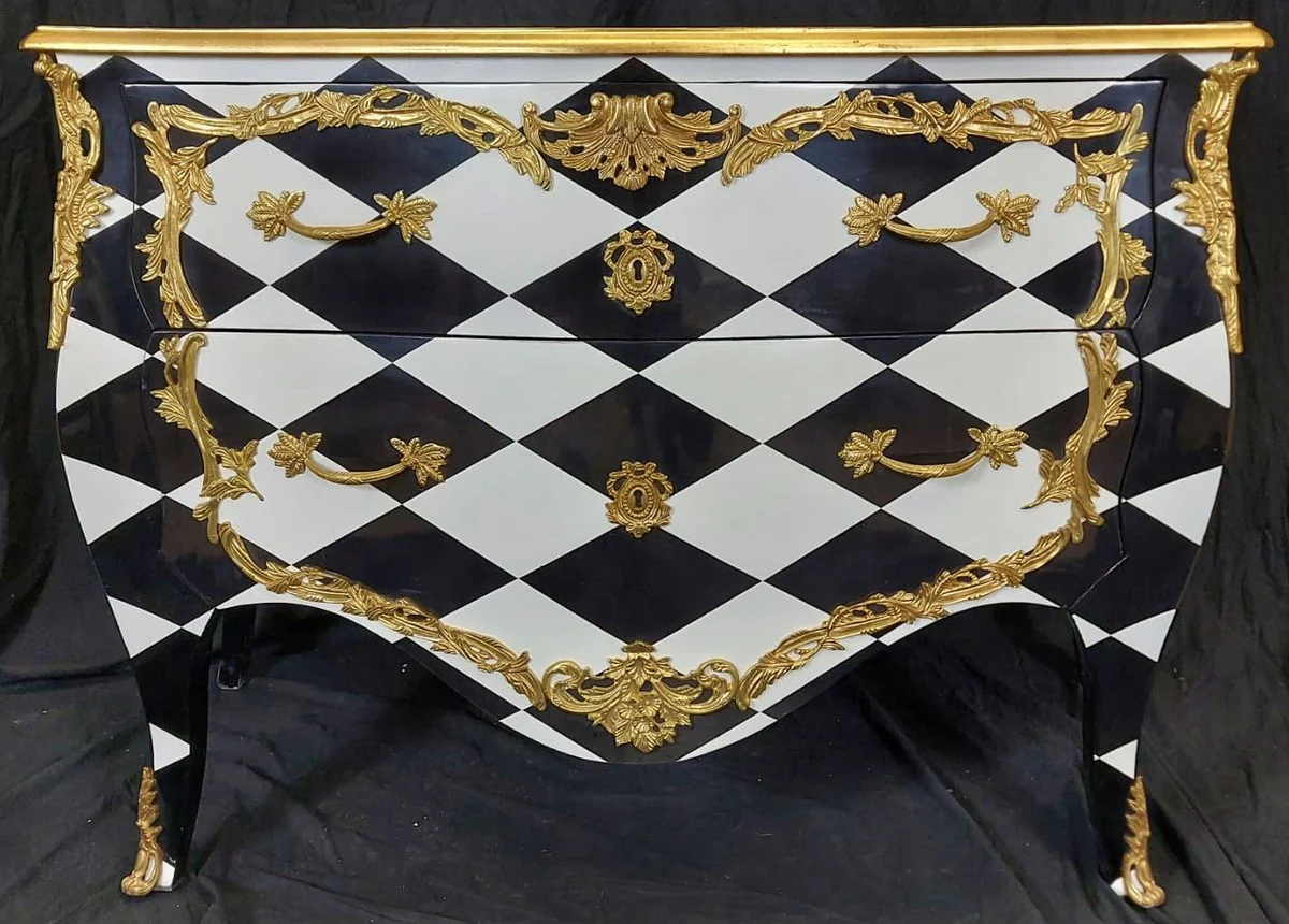 Baroque chest of drawers with checked design and 2 drawers black / white / gold - handmade solid wood chest of drawers in baroque style - bedroom furniture in baroque style - baroque furniture