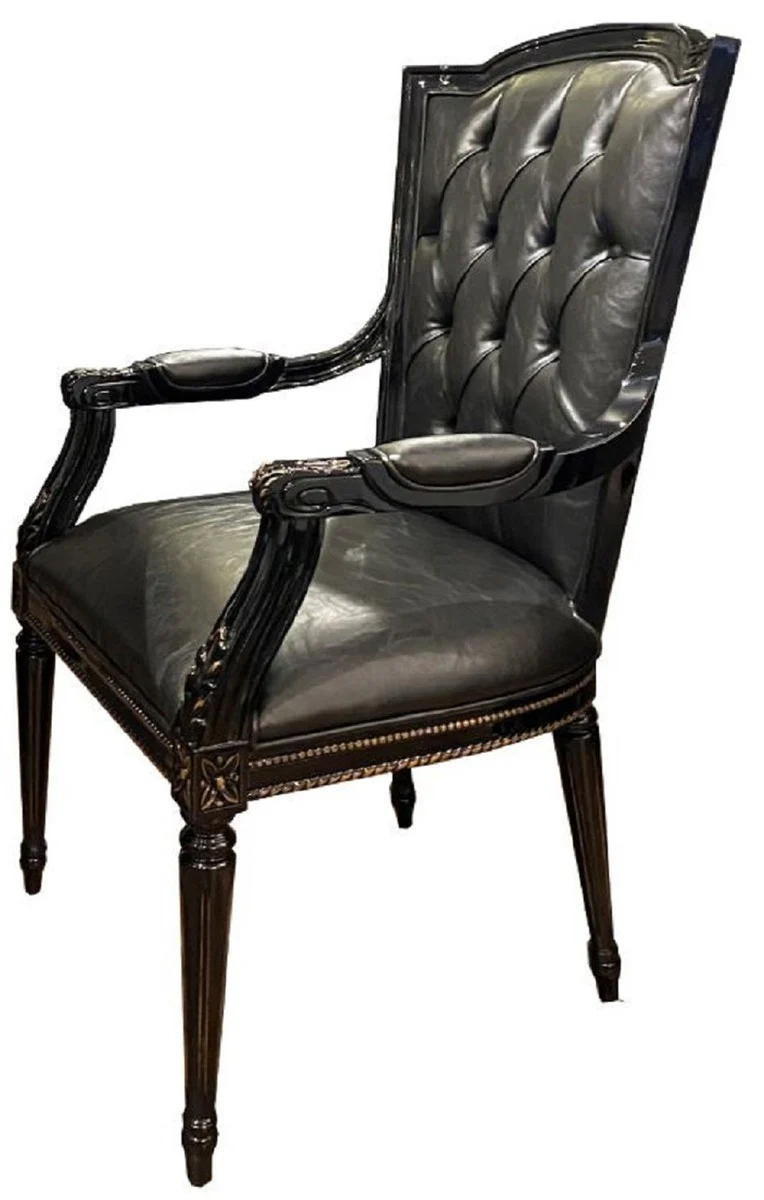 Luxury Baroque Dining Room Chair Set Black - 6 Real Leather Kitchen Chairs with Armrests - Baroque Dining Room Furniture - Noble & Magnificent