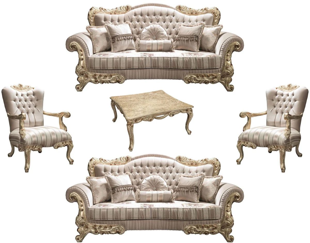 Luxus Barock Wohnzimmer Set Beige / Gold - 2 Sofas & 2 Sessel & 1 Couchtisch - Prunkvolle Wohnzimmermöbel im Barockstil
