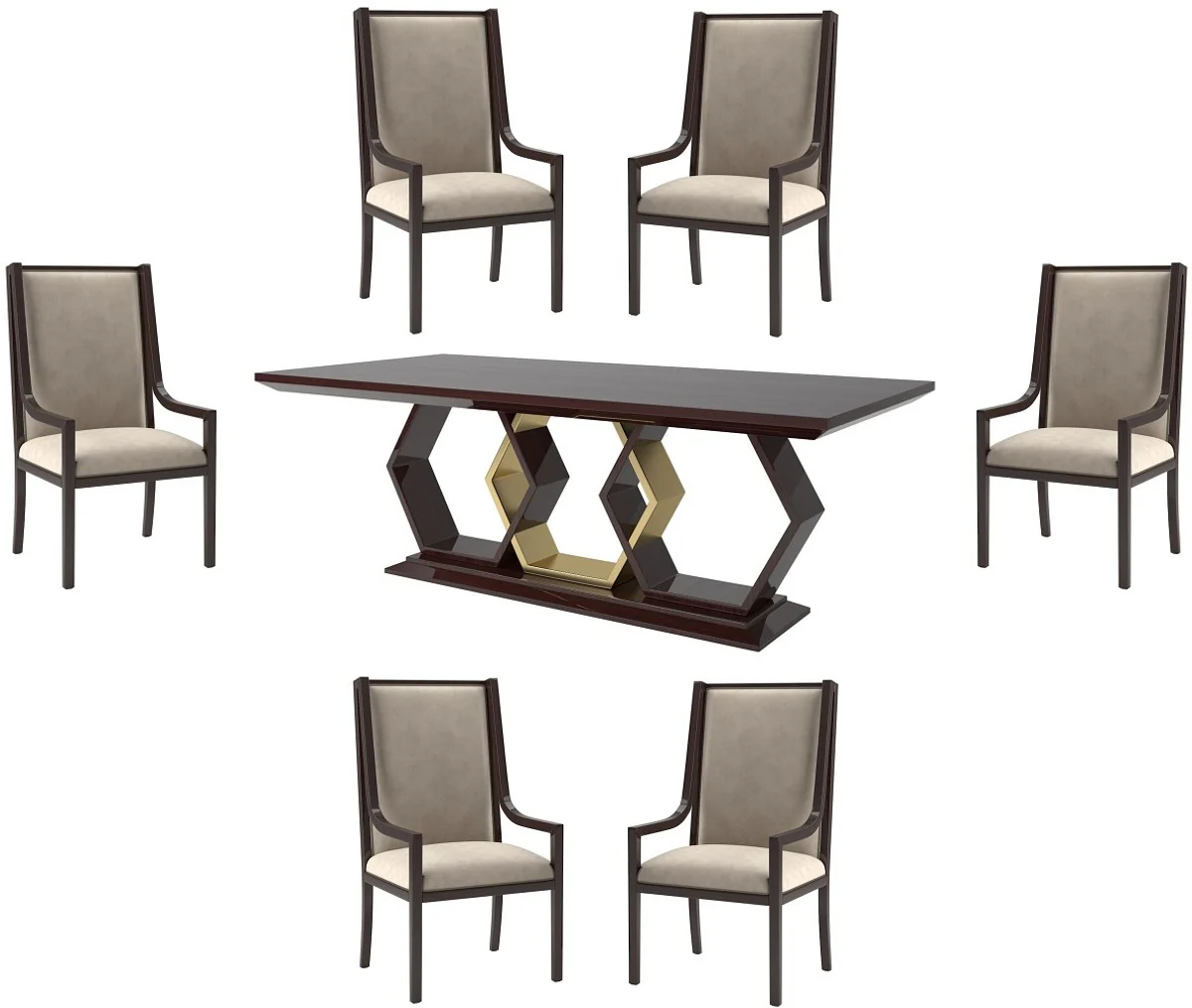 Luxury Art Deco dining room set beige / dark brown high gloss / gold - 1 dining room table & 6 dining room chairs - Art Deco dining room furniture - luxury quality