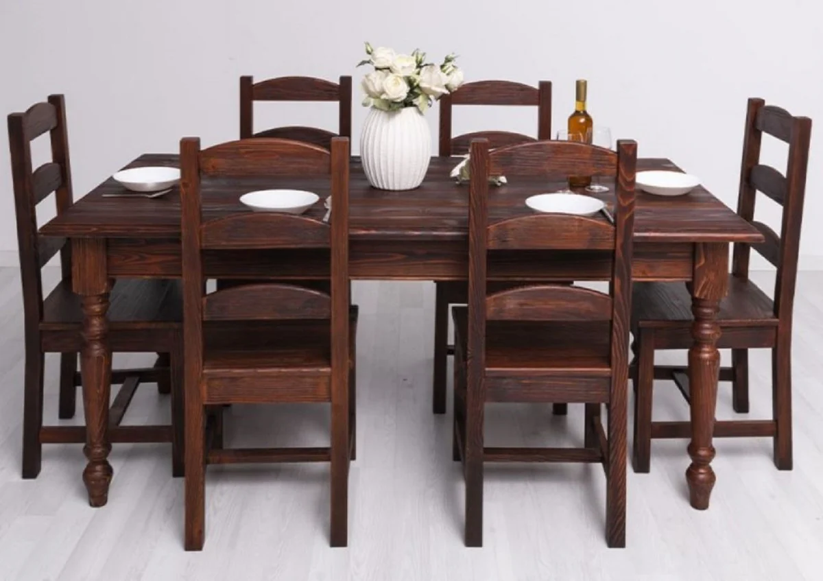Country Style Dining Room Furniture Set Dark Brown - 1 Country Style Dining Table & 6 Country Style Dining Chairs - Solid Wood Dining Room Furniture - Country Style Dining Room Furniture