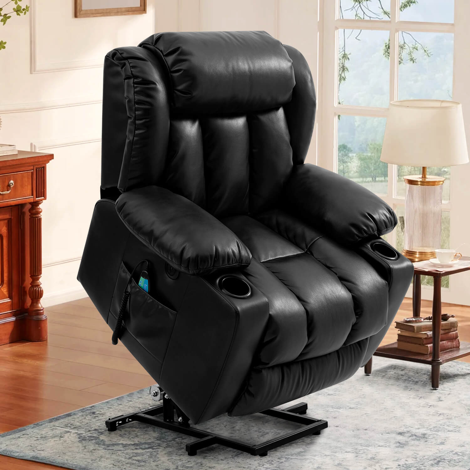 Clearance Sale Mcombo Electric Lift Recliner Sofa mit Massage- und Heizfunktionen, 3 Positionen, 2 Seitentaschen und Tassenhalter, USB-Anschlüsse!
