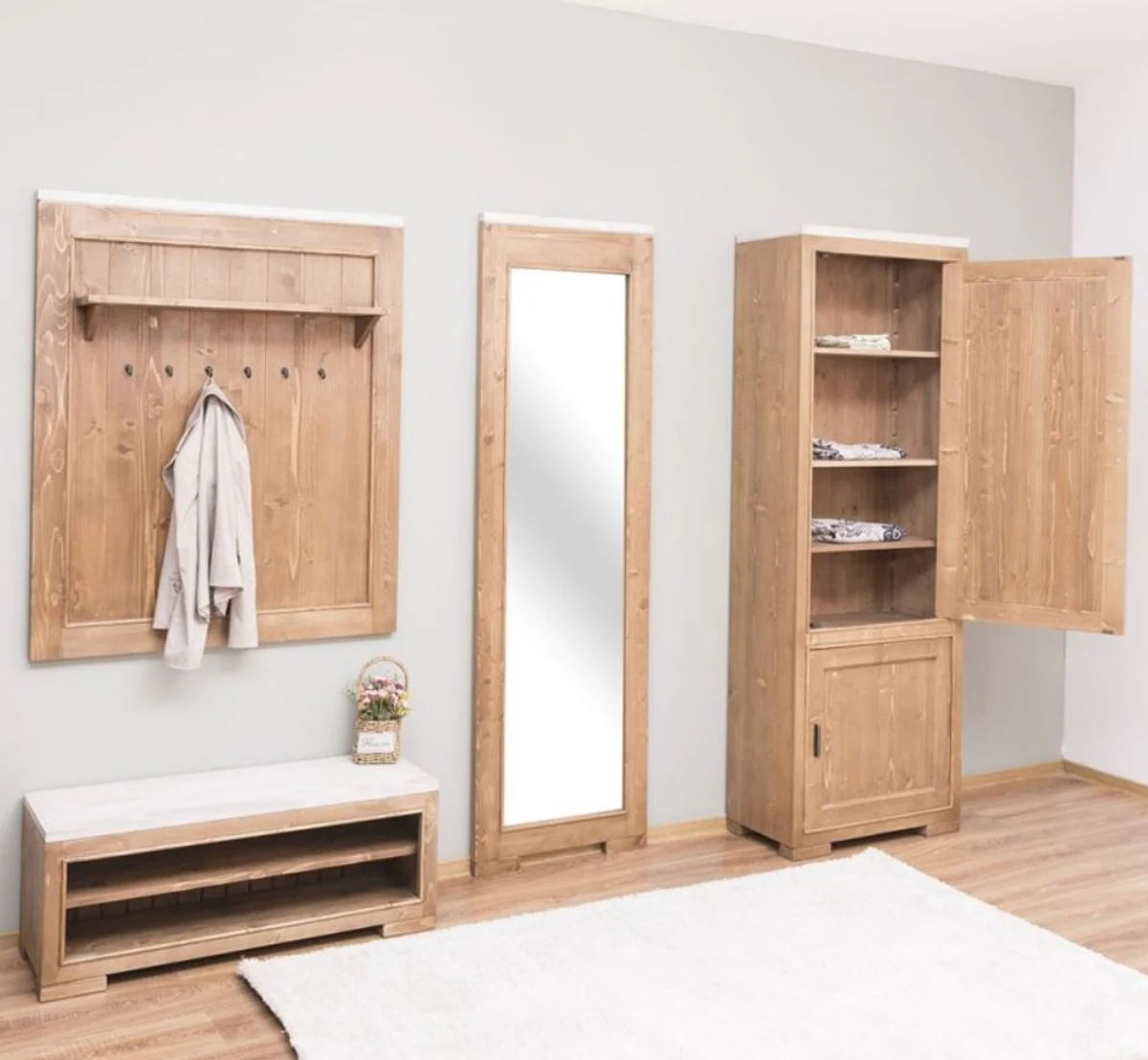 Country house style solid wood wardrobe furniture set natural colors / white - 1 wardrobe & 1 shoe cabinet & 1 wall mirror & 1 wardrobe - country house style furniture