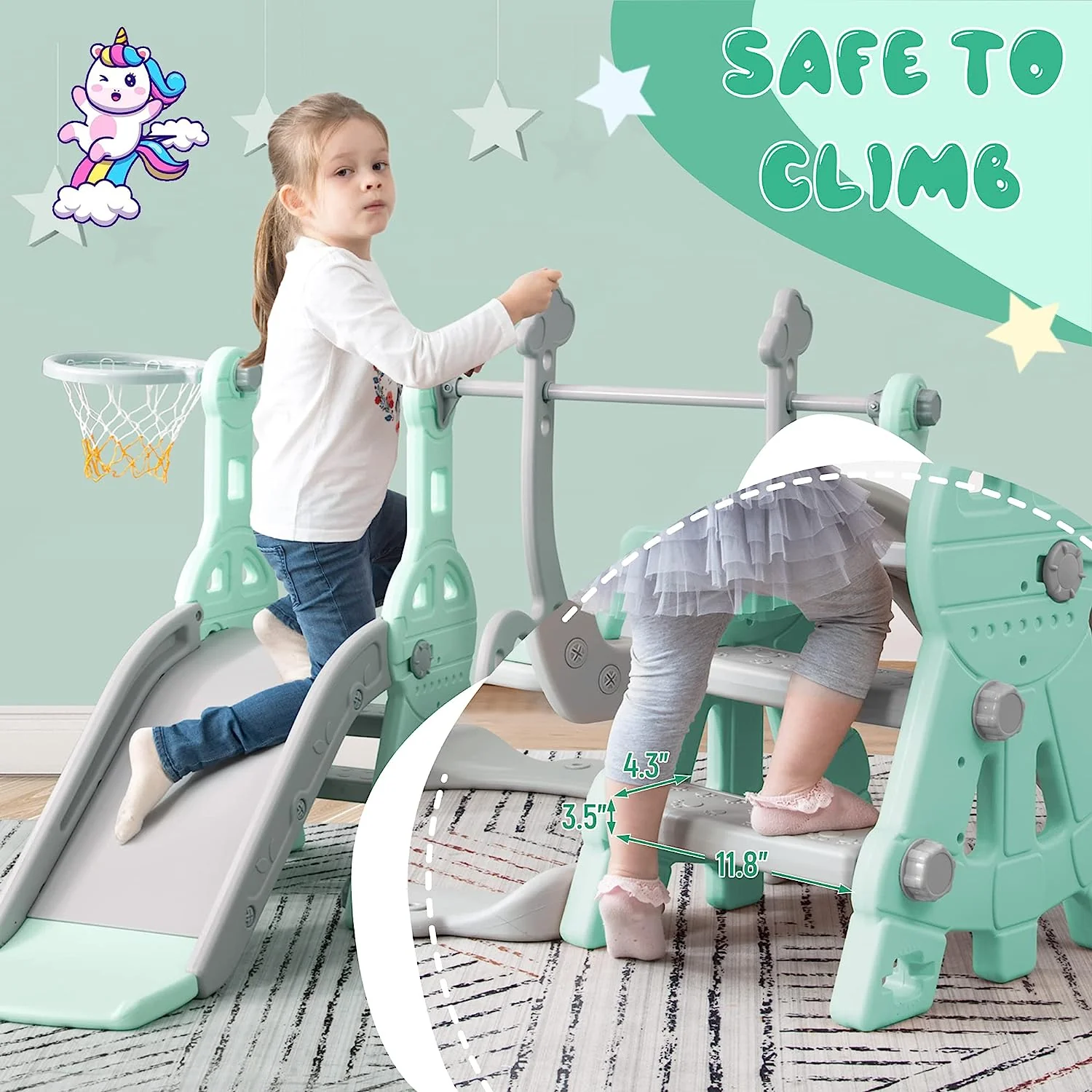 Merax 4-in-1-Rutsche für Kleinkinder, Indoor-Rutsche und Schaukel-Set für Kinder, freistehende Outdoor-Rutsche mit Basketballkorb (grüne Schaukelrutsche)