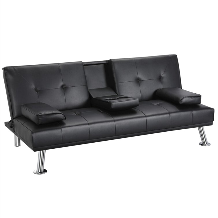 Janni 66''' Wide Faux Leather Cushion Back Convertible Sofa with Cup Holder